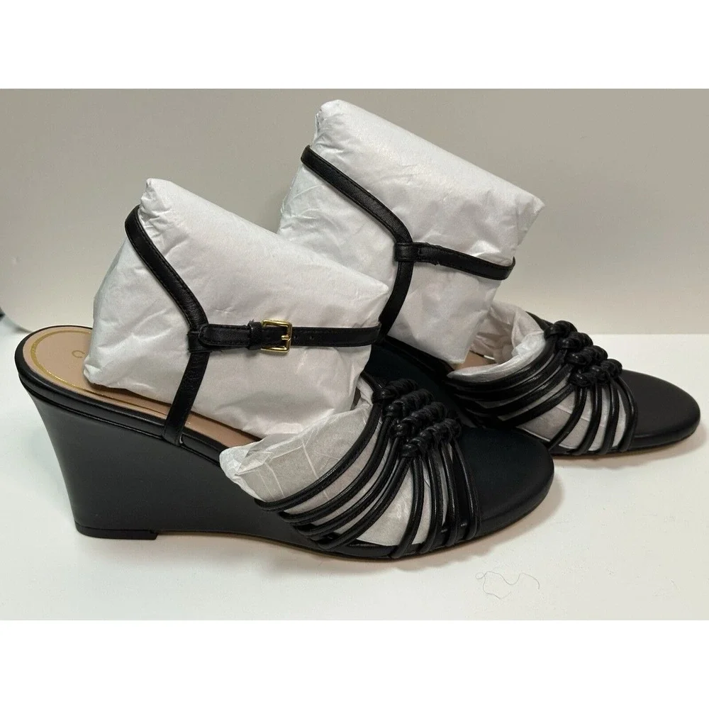 Cole Haan, Jitney Knot Wedge Sandals, Black Leather, Size‎ 8B